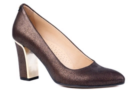 Skórzane czółenka damskie na słupku z połyskiem złota Łukbut 23200-3-J-644